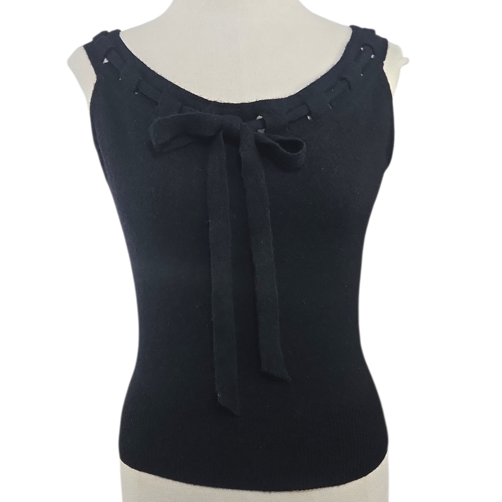 Vintage Dalton 100% Pure Cashmere Black Sleeveless Sweater Top Bow Detail